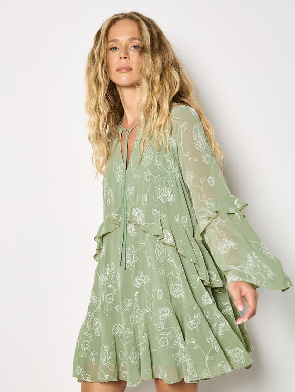 Chiffon Floral Embroidered Mini Dress, Mint, large