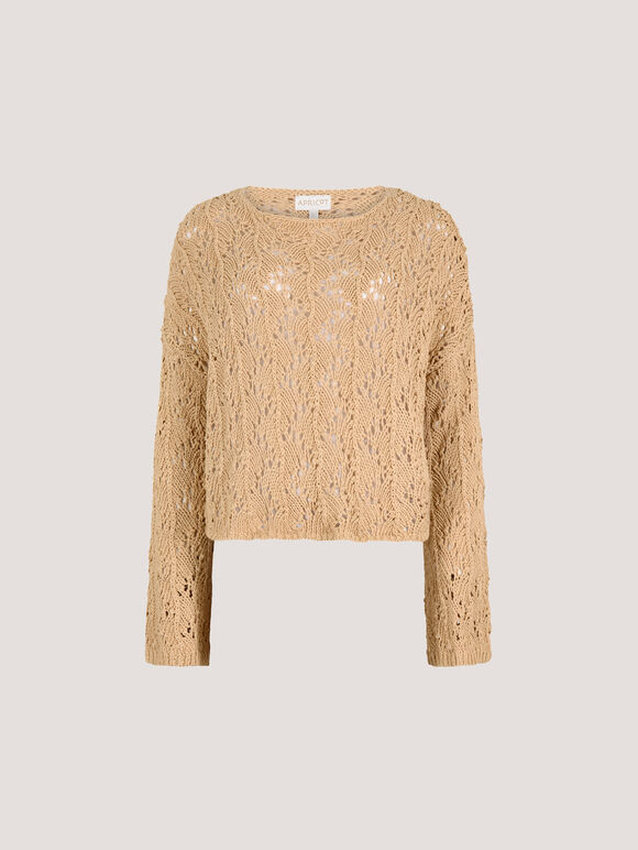 Pointelle Scallop Hem Jumper, Stone, large