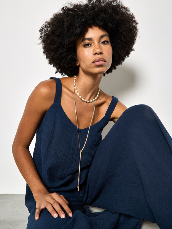 Wide-Leg Textured Cotton Jumpsuit, Navy, large