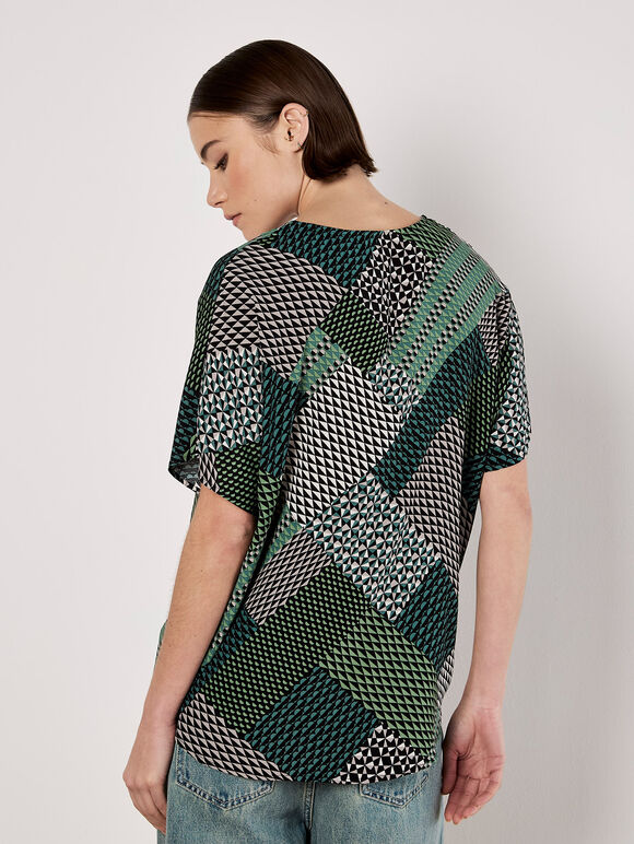 Geometric Patchwork Textured T-Shirt, Green, large