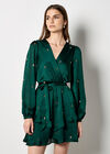 Sequin Spot Satin Wrap Mini Dress, Green, large