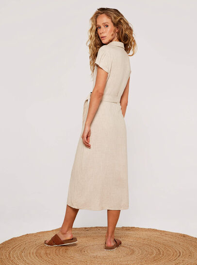 Linen Blend Belted Shirt Midi Dress