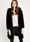 Tiered Fur Hooded Low Coat, Black, large