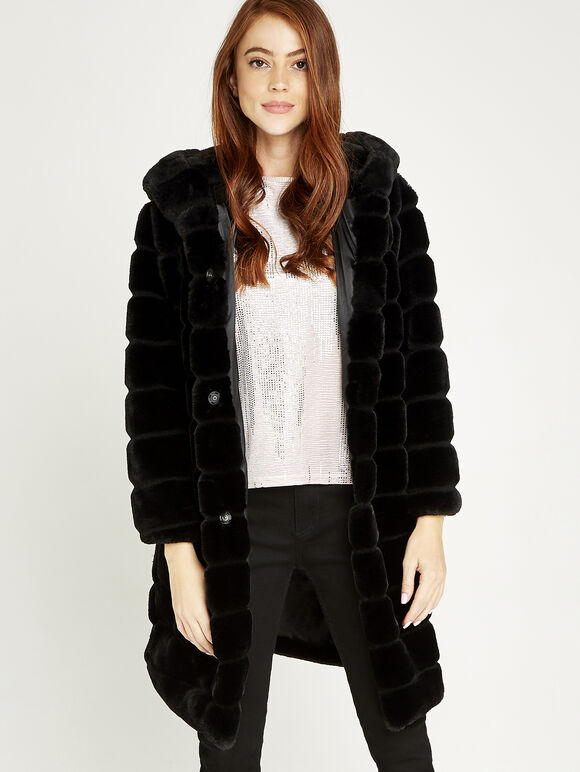 Tiered Fur Hooded Low Coat, Black, large
