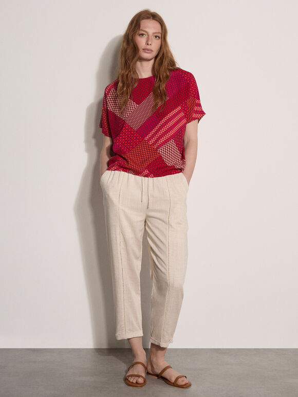 Geometric Patchwork Textured T-Shirt, Fuchsia, large