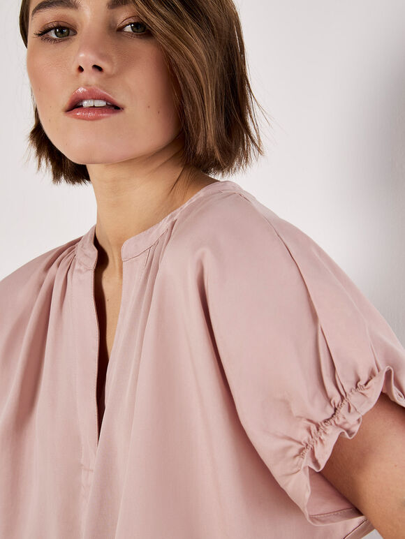 Ruffle Sleeve Woven T-Shirt, Pink, large
