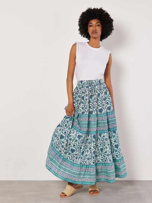 Floral Vine Cotton Tiered Maxi Skirt, Cream, large