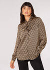 Geometric Tie Neck Satin Shirt, Khaki, large