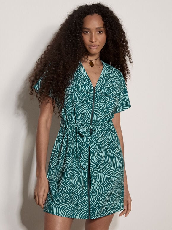 Zebra Print Zip-Down Mini Dress, Teal, large