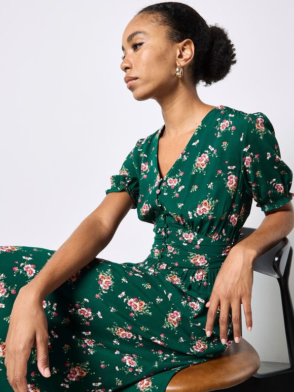 Floral Print Midi Dress, Green, large