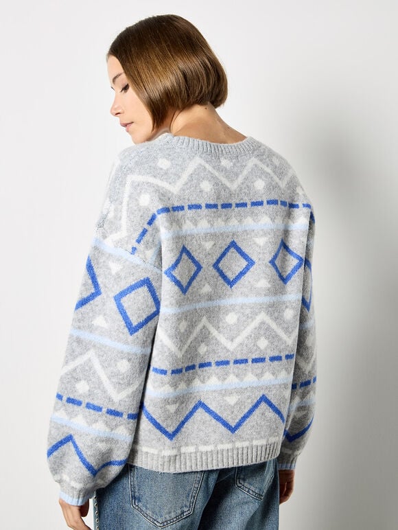 Chevron Geometric Retro Jumper, Blue, large