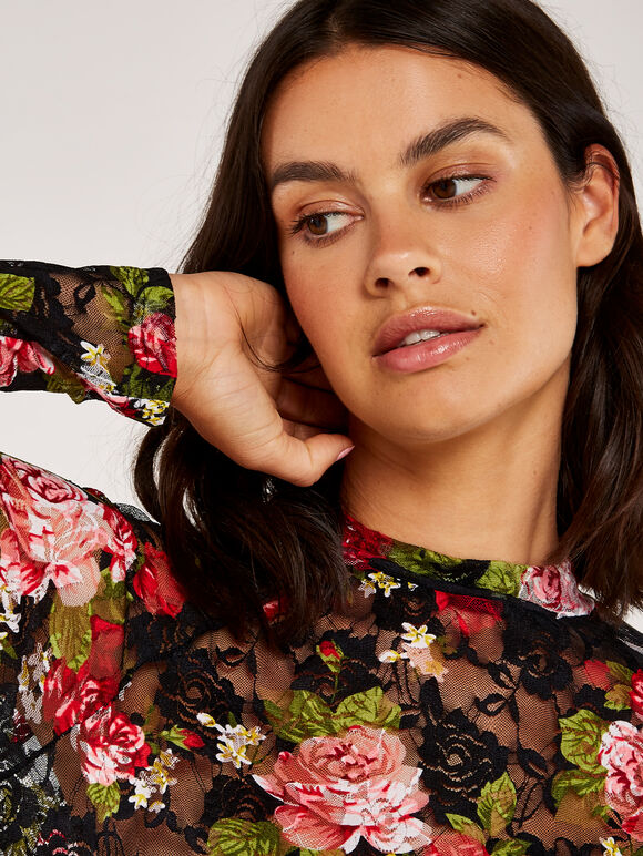 Pink Roses Lace High Neck Top, Black, large