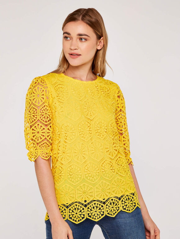 Geometric Lace Top, Yellow, large