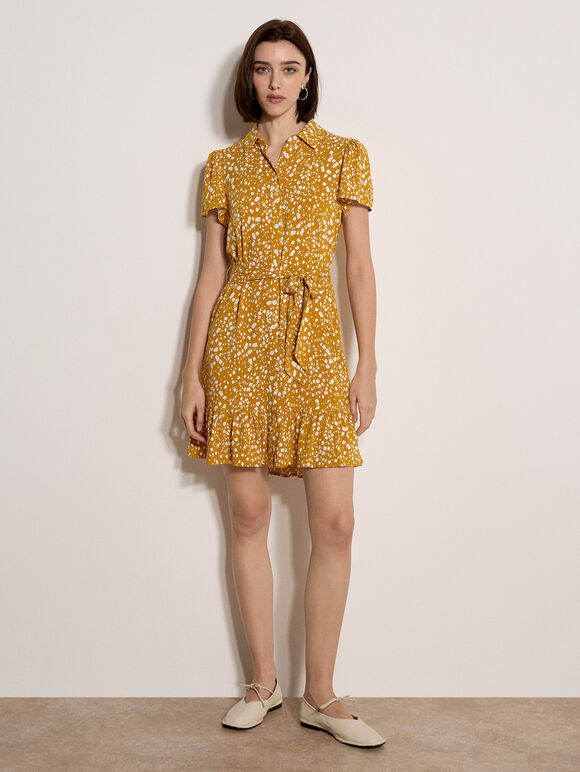 Scattered Squares Shirt Mini Dress, Mustard, large