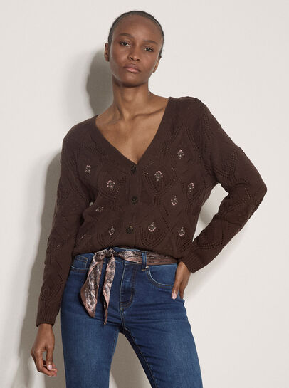 Pointelle Diamond Floral Cotton Blend Cardigan