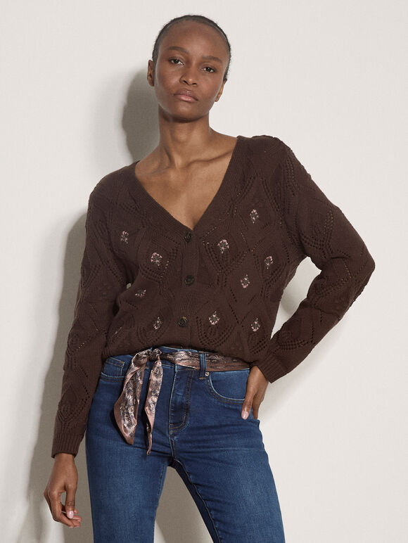 Pointelle Diamond Floral Cotton-Blend Cardigan, Brown, large