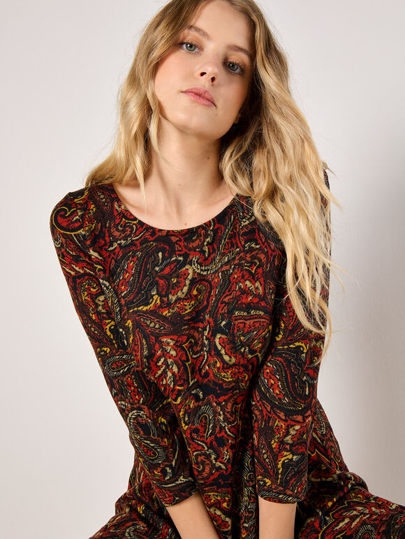 Jersey Knit Paisley Mini Dress, Orange, large