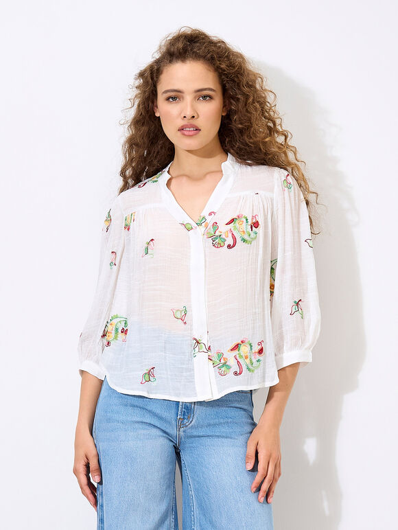 Floral Paisley Embroidered Blouse, White, large