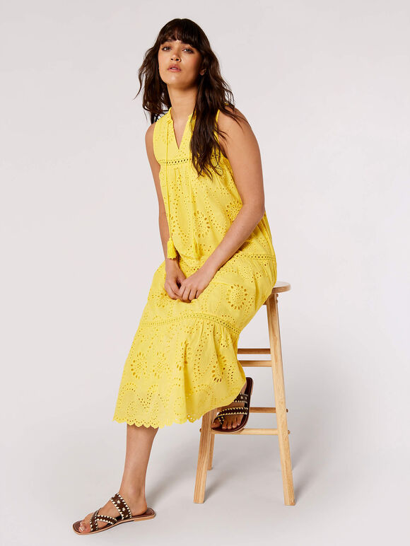 Tassel Broderie Midaxi Dress, Yellow, large