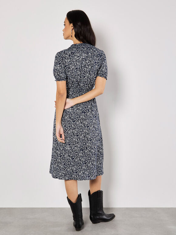 Floral Fruit Wrap Midi Dress, Navy, large