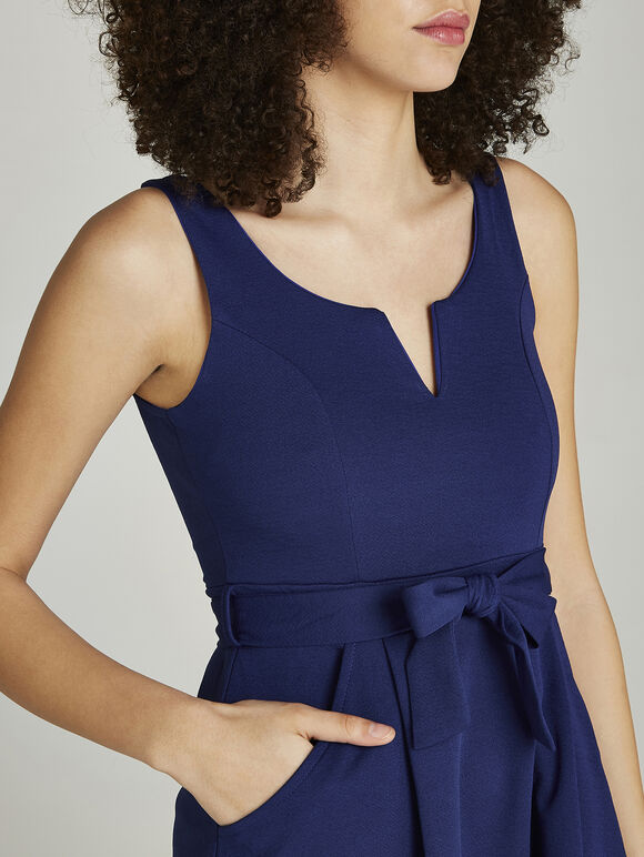 V Detail Two Pocket Skater Dress, Blue, large