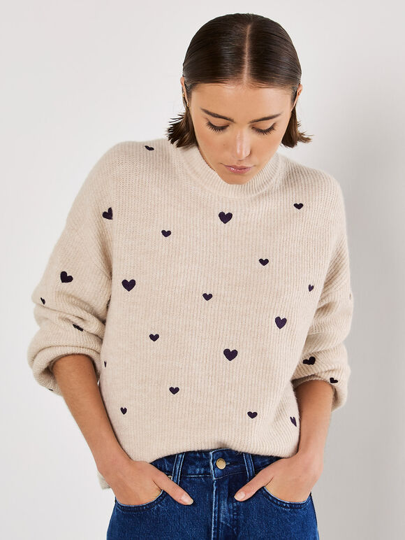 Embroidered Heart Jumper, Stone, large