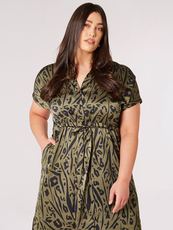 Curve Animal Satin Midi Dress, Khaki, large