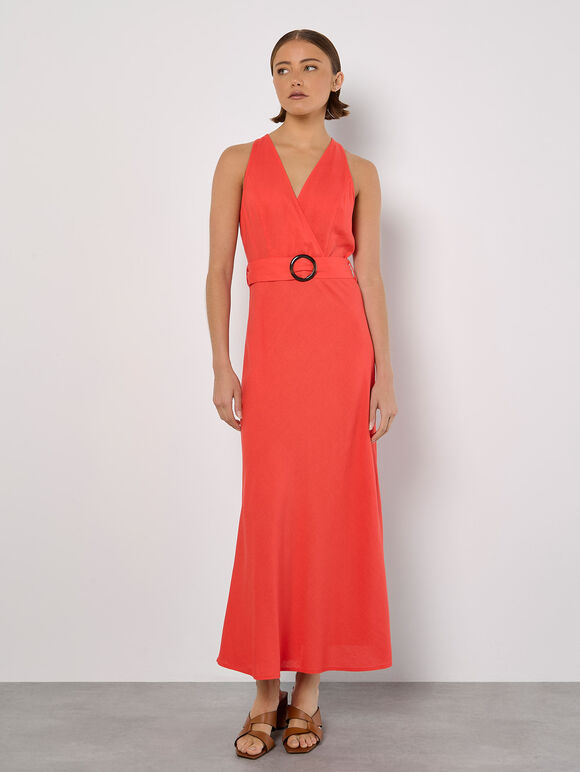 Linen Blend Wrap Midaxi Dress, Pink, large