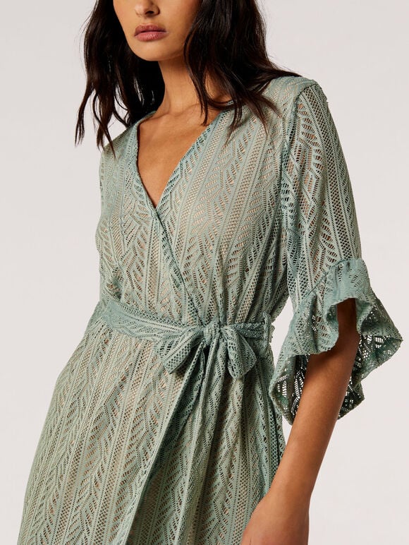 Lace Ruffle Wrap Midi Dress, Mint, large