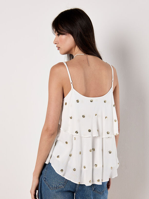 Sequin Spot Tiered Camisole Top, White, large