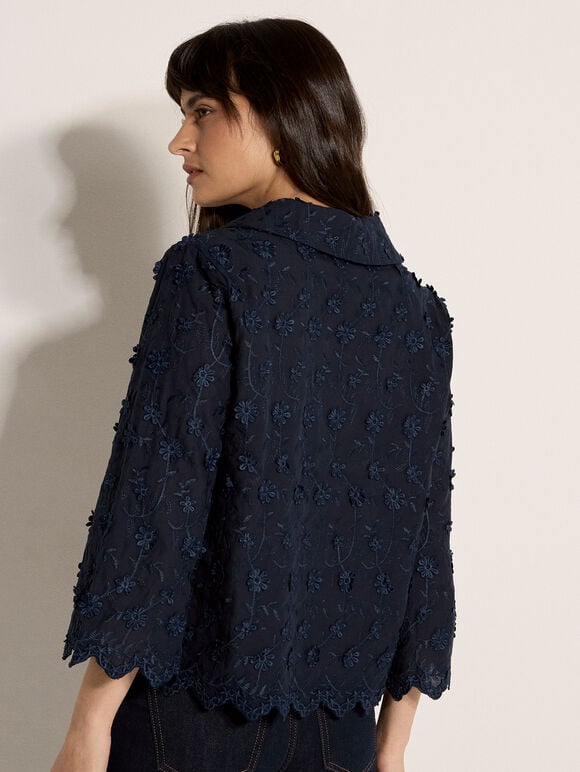 Applique Flowers Cropped Shirt, Navy, large
