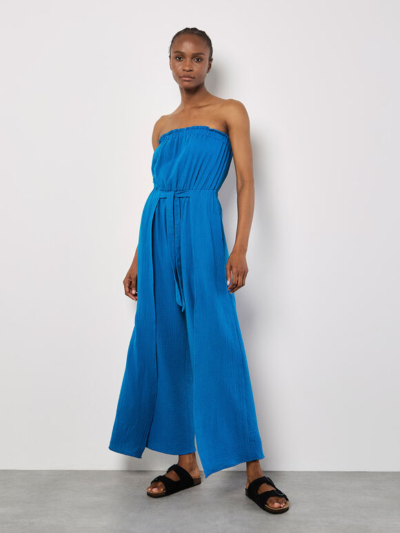 Cotton Wrap Bandeau Jumpsuit, Blue, large