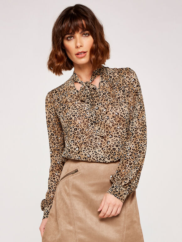Leopard Pussybow Blouse, Stone, large