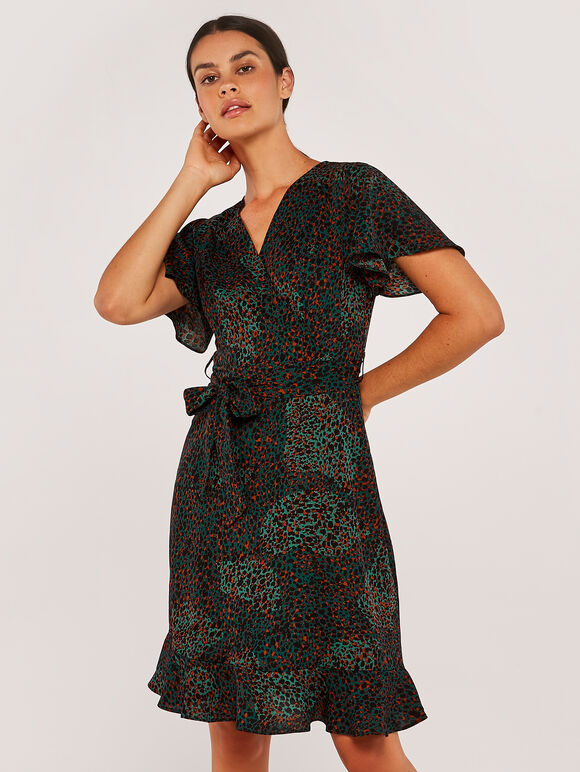 Camouflage Animal Dot Wrap Dress, Green, large