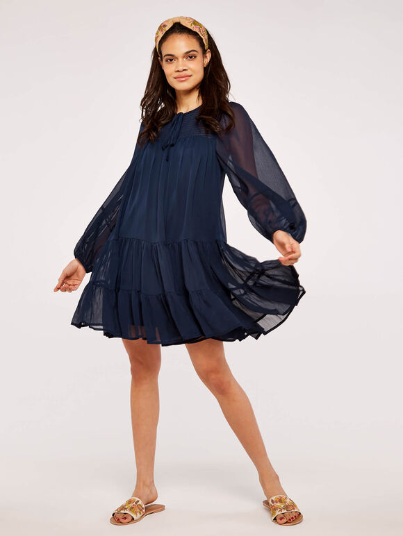 Crinkle Tiered Chiffon Dress, Navy, large