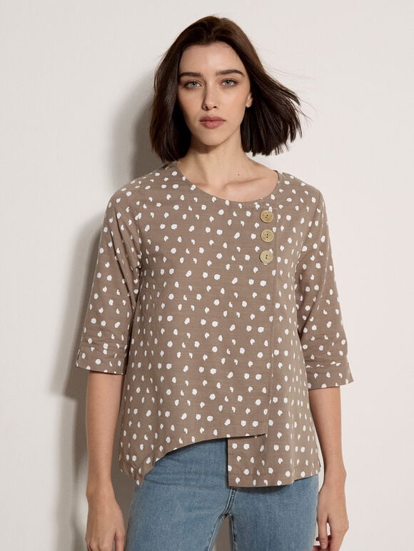 Irregular Spot Asymmetric Wrap Top, Brown, large