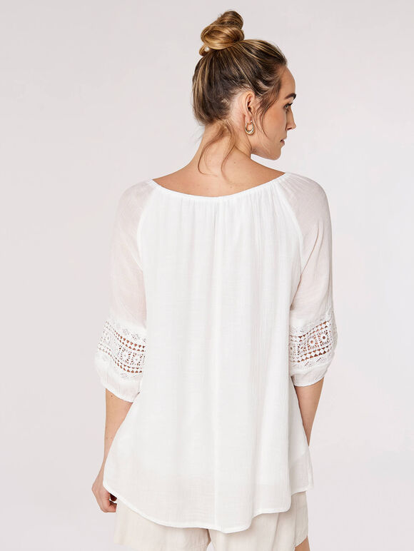 Crochet Detailled Slub Top, White, large