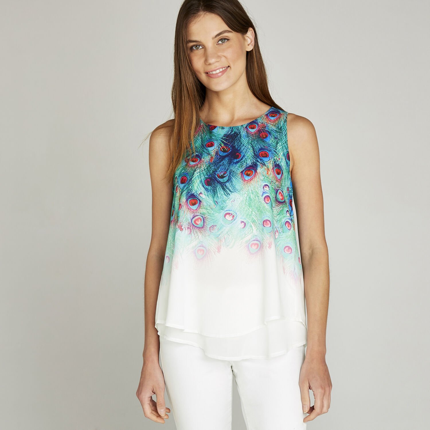 Cream Peacock Print Vest Top Apricot Clothing