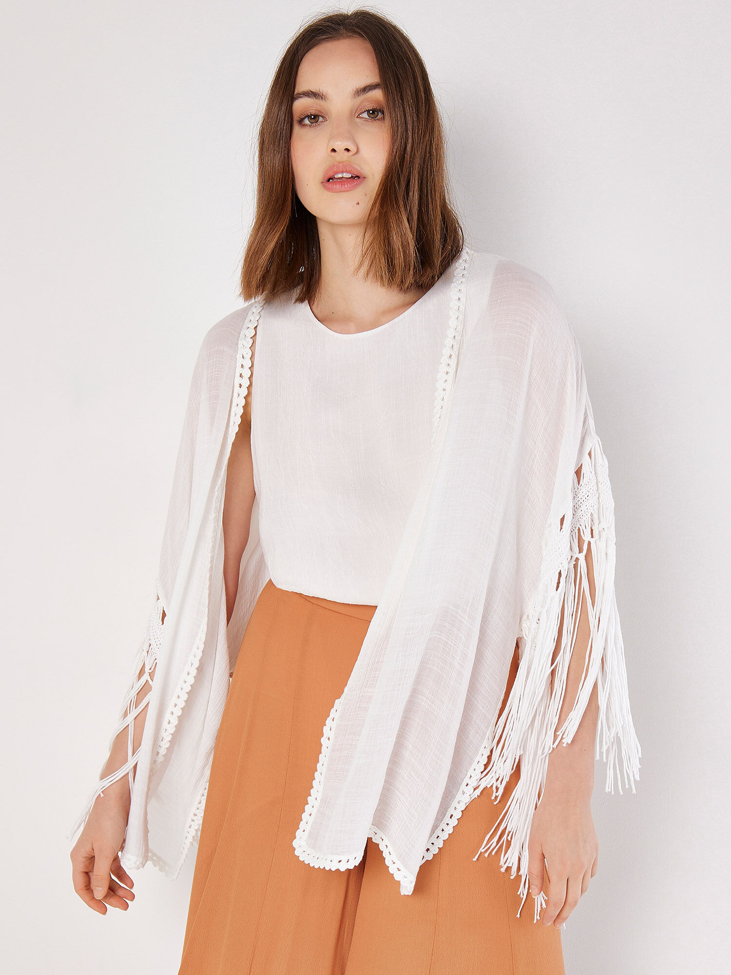 Slub Shimmer Fringe Cover Up Cardigan Apricot Clothing