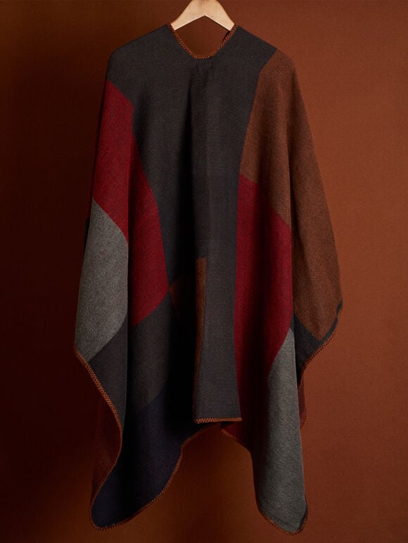 Colour Block Blanket Cape, Red, large