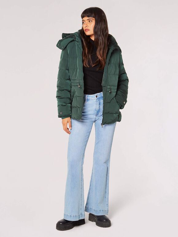 Faux Fur Hood Puffer Jacket, Green, large