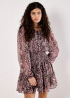 Feather Print Chiffon Mini Dress, Burgundy, large