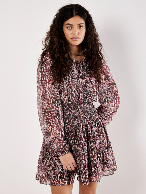 Feather Print Chiffon Mini Dress, Burgundy, large