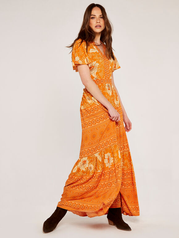 Floral Patchwork Print Maxi Dress, Orange, large