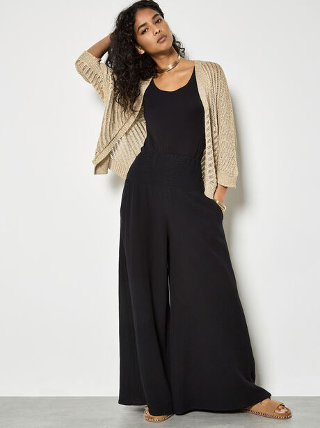 Textured Cotton Wide-Leg Trousers
