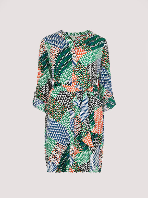 Geo Patchwork Shirt Mini Dress, Orange, large