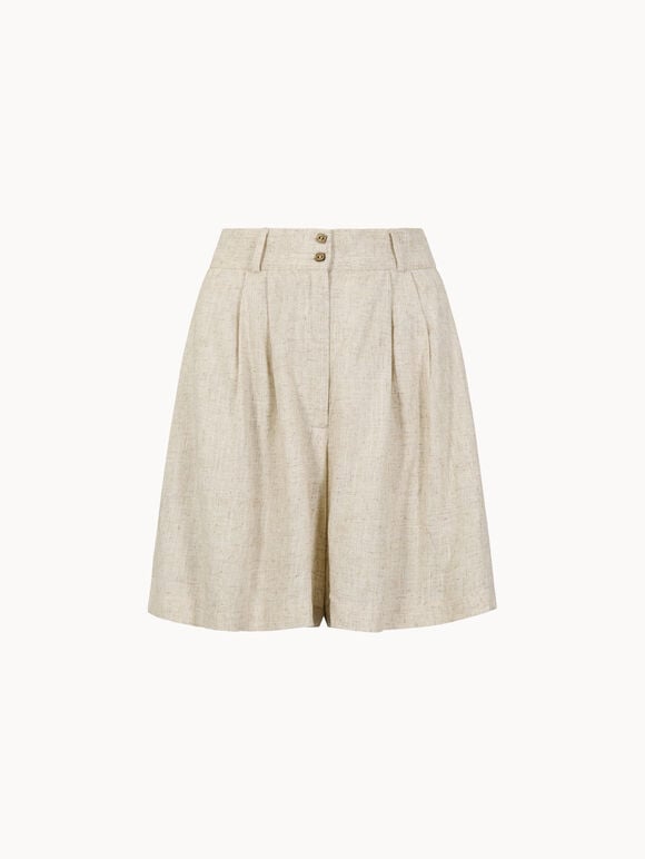 Linen Blend Pleated Mini Shorts, Stone, large