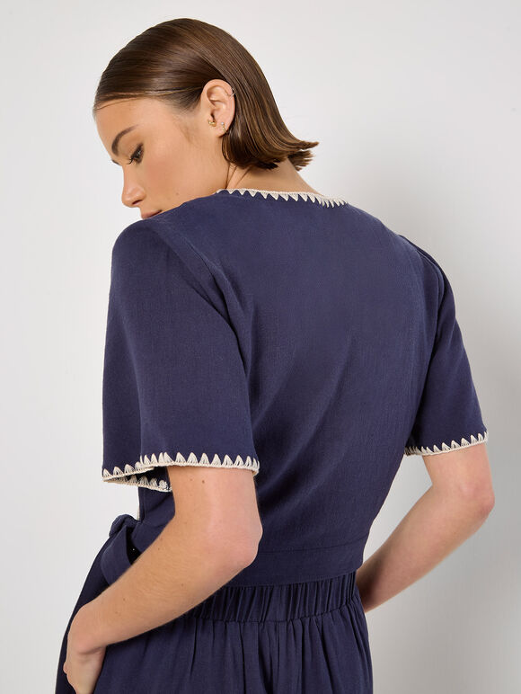 Stitch Detail Linen Blend Wrap Top, Navy, large