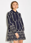 Broderie Anglaise Cotton Swing Mini Dress, Navy, large