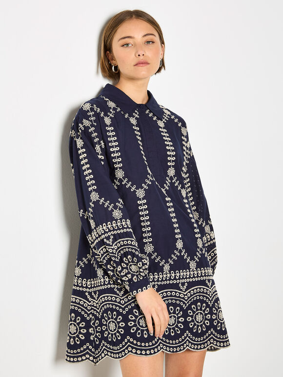 Broderie Anglaise Cotton Swing Mini Dress, Navy, large